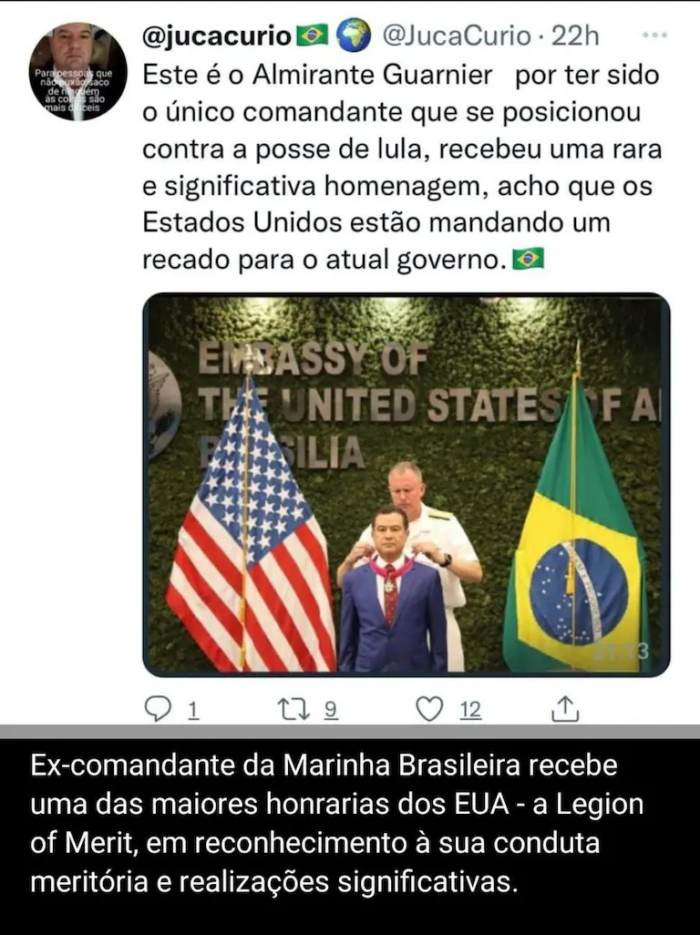 Ex COMANDANTE DA MARINHA BRASILEIRA (DO GOVERNO BOLSONARO) RECEBE UMA DAS MAIORES HONRARIAS DOS EUA, EM RECONHECIMENTO À SUA CONDUTA MERITÓRIA E REALIZAÇÕES SIGNIFICATIVAS.