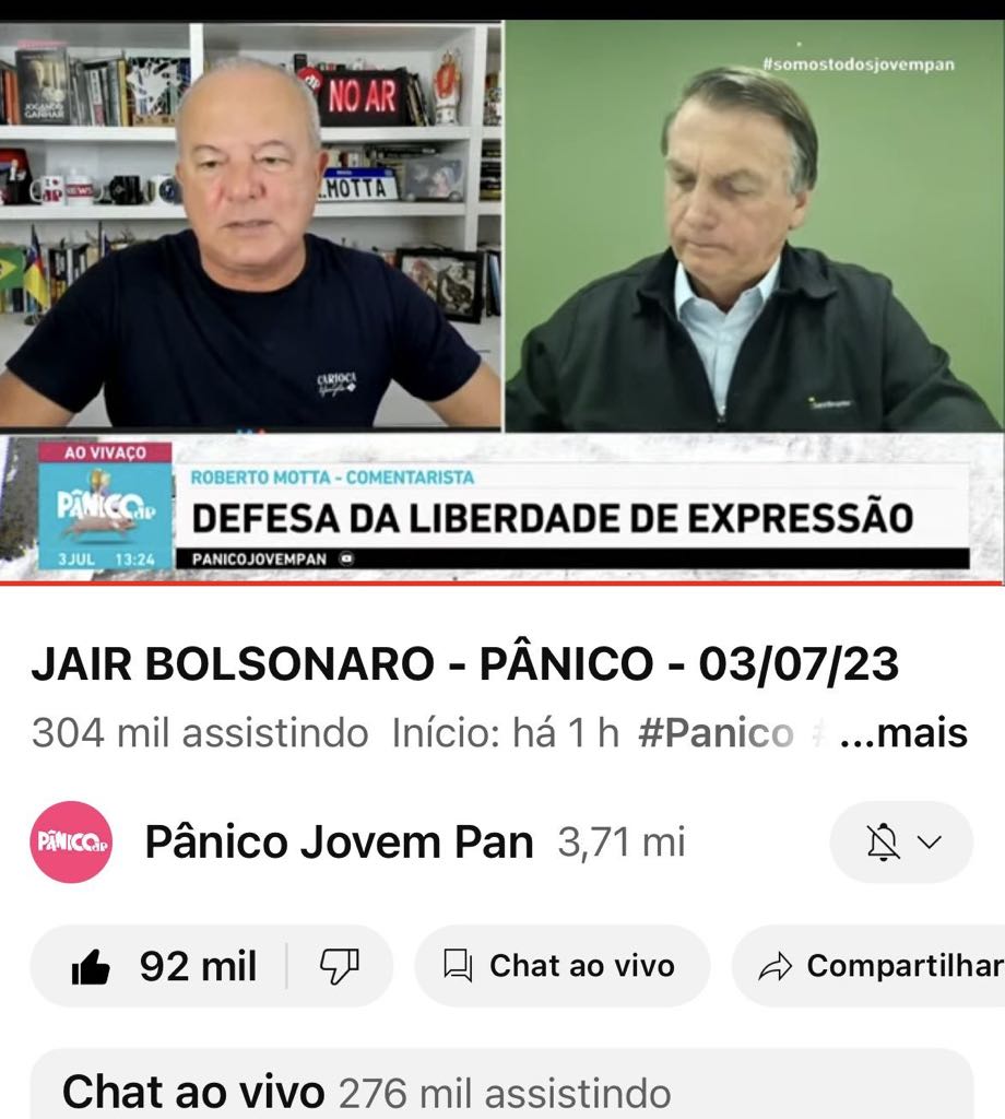 Entrevista de Bolsonaro a Jovem Pan tem 50 vezes mais espectadores do que lives de Lula