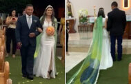 Noiva se casa com tornozeleira eletrônica e véu do Brasil