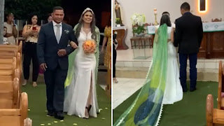 Noiva se casa com tornozeleira eletrônica e véu do Brasil