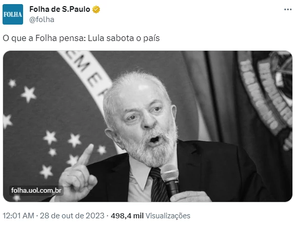 “Lula sabota o país”, diz editorial da Folha de S. Paulo neste sábado