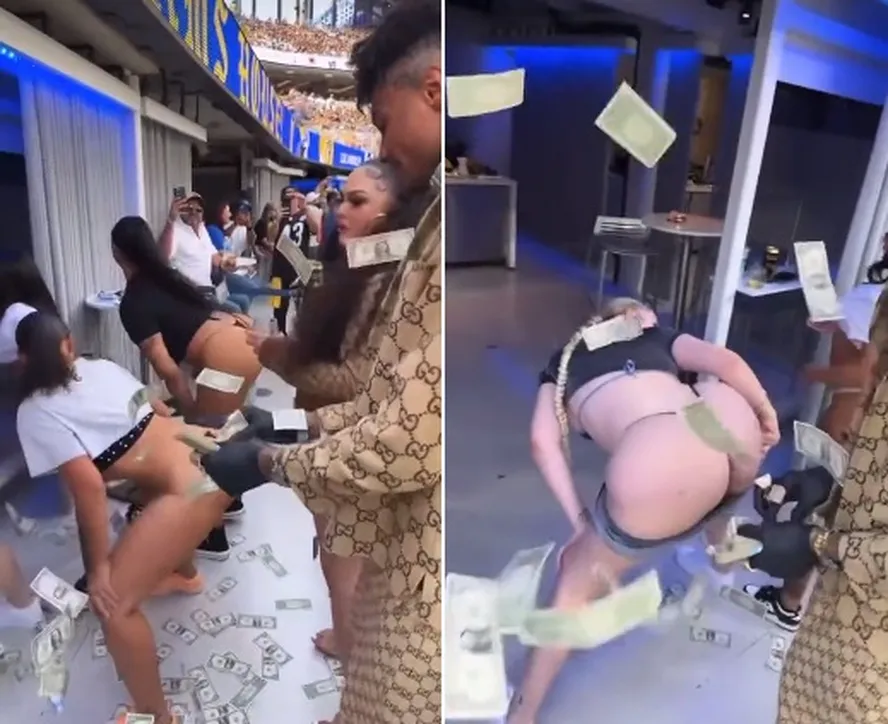 Rapper causa polêmica ao jogar dinheiro para dançarinas de fio-dental em camarote de jogo; VEJA VÍDEO