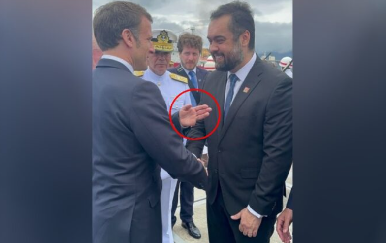 Castro ‘corta’ Lula de foto com Macron, mas a mão dele aparece