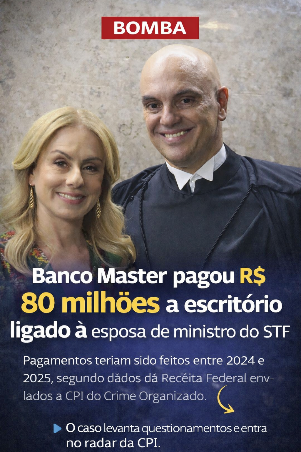 Banco Master pagou R$ 80 milhões a escritório da esposa de Alexandre de Moraes